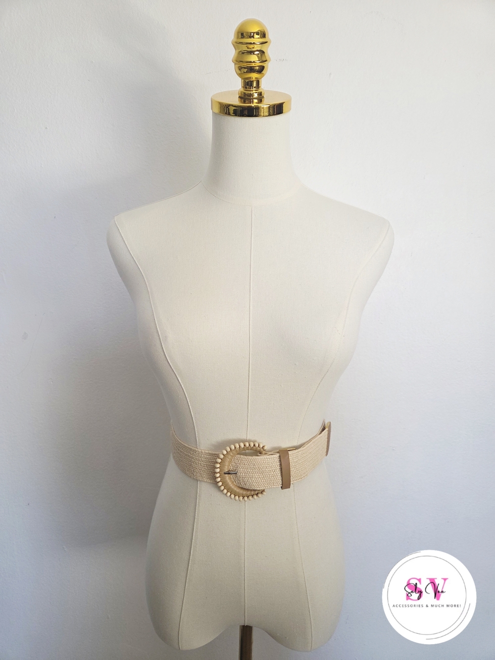 Stretchy Tan woven belt with beaded buckle details